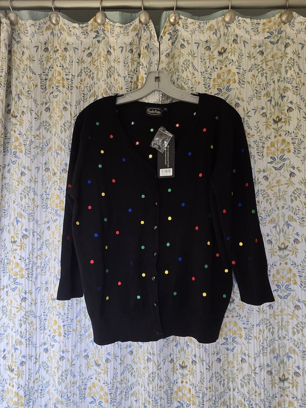 Voodoo Vixen Black Cardigan with Red, Yellow, Green & Blue Polka Dots